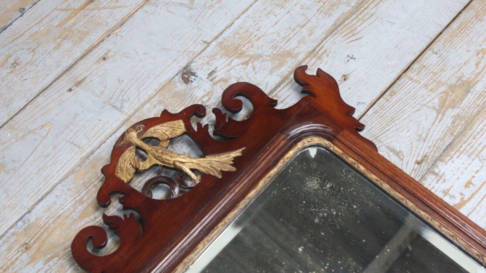 Antique Mahogany Inlaid Fretwork Mirror with Ho Ho Bird In Excellent Condition For Sale In STOKE ON TRENT, GB