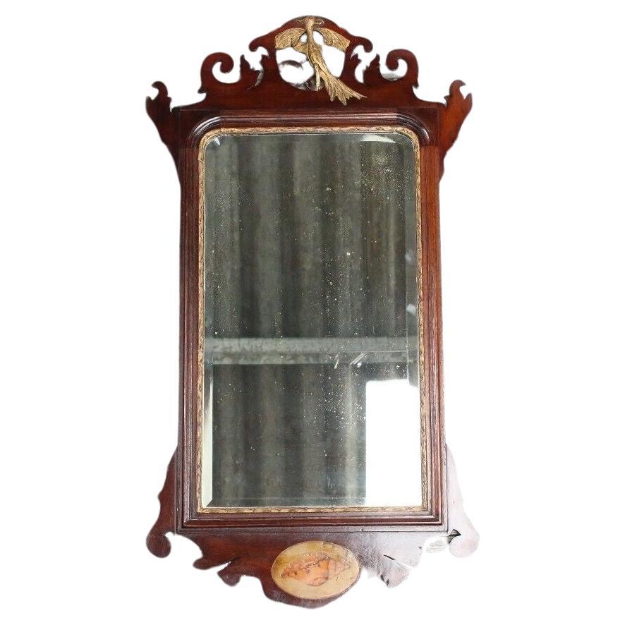 Antique Mahogany Inlaid Fretwork Mirror with Ho Ho Bird For Sale