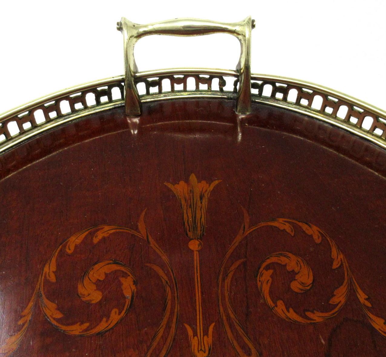 Antique Mahogany Inlaid Marquetry Twin Handle Brass Oval Serving Drinks Tray For Sale 4