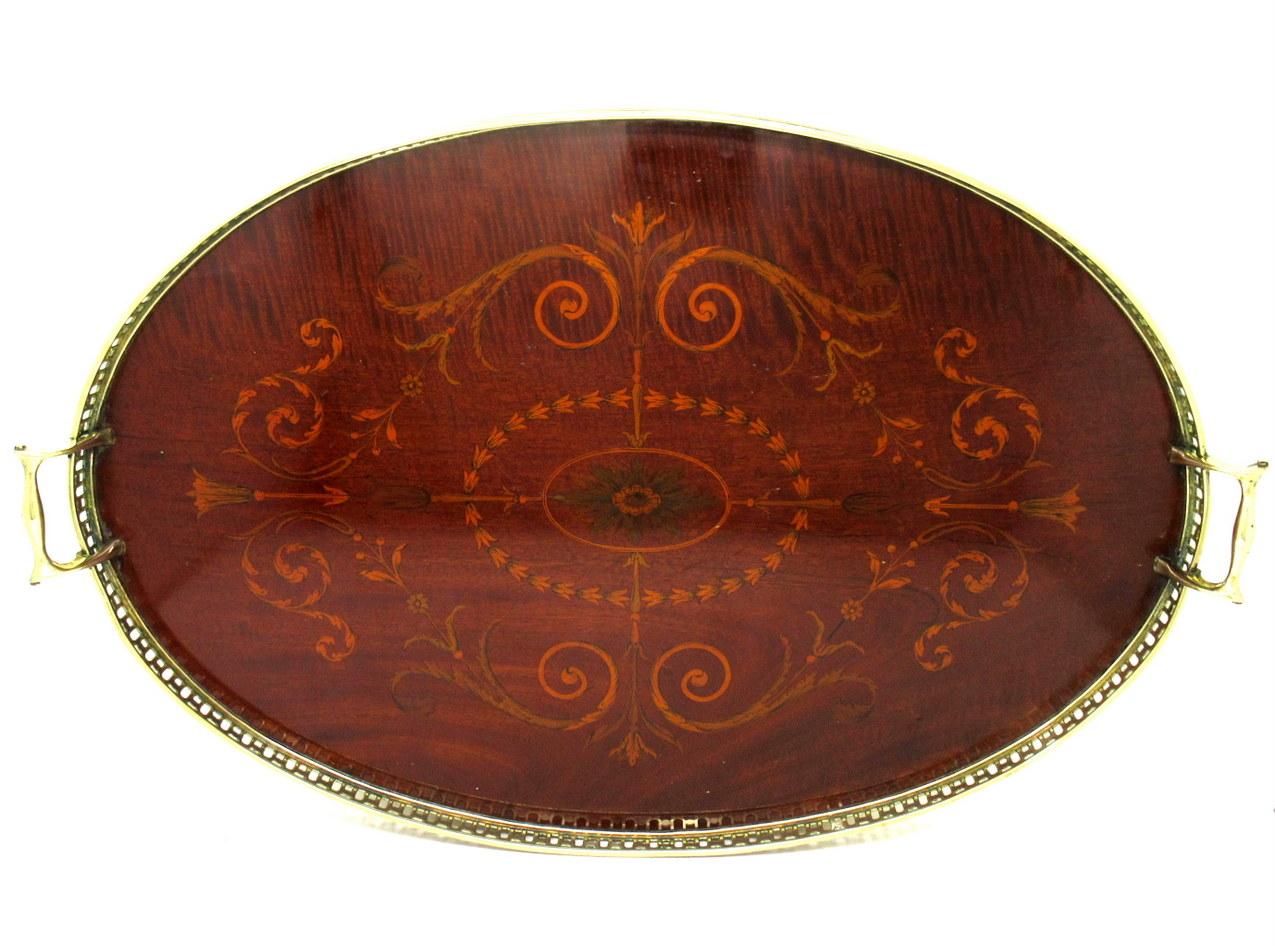 Victorian Antique Mahogany Inlaid Marquetry Twin Handle Brass Oval Serving Drinks Tray For Sale