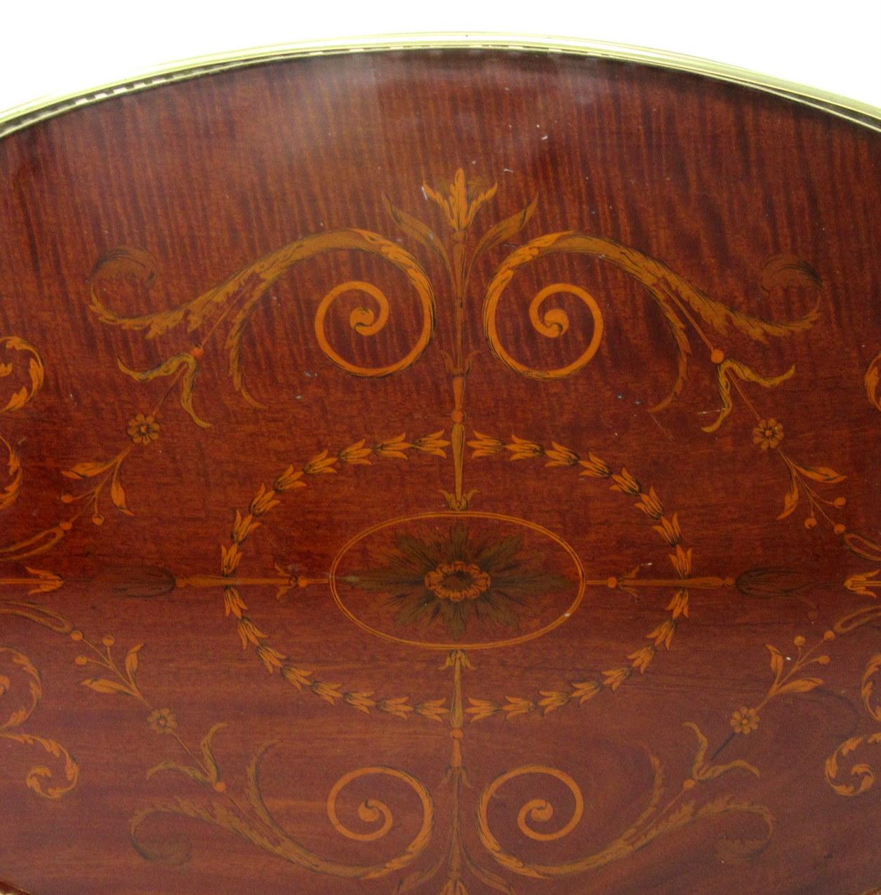 English Antique Mahogany Inlaid Marquetry Twin Handle Brass Oval Serving Drinks Tray For Sale