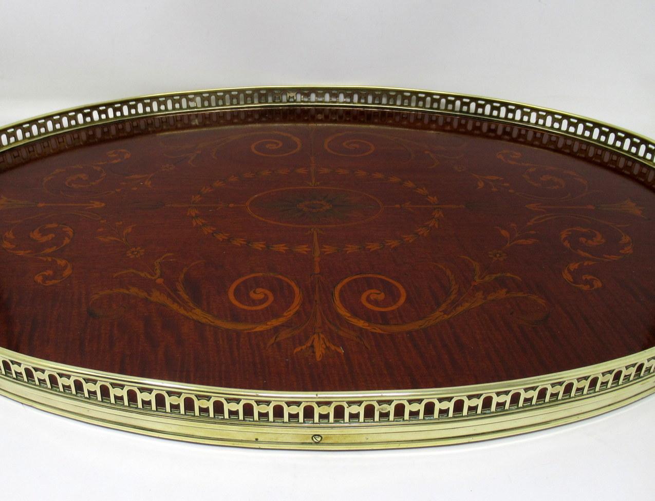 19th Century Antique Mahogany Inlaid Marquetry Twin Handle Brass Oval Serving Drinks Tray For Sale