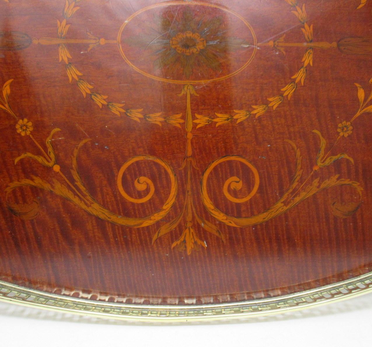 Antique Mahogany Inlaid Marquetry Twin Handle Brass Oval Serving Drinks Tray For Sale 1