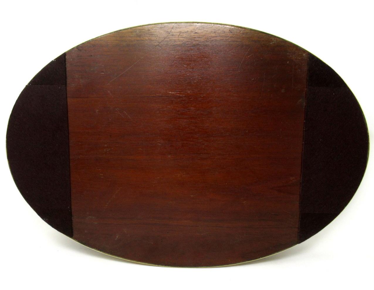 Antique Mahogany Inlaid Marquetry Twin Handle Brass Oval Serving Drinks Tray For Sale 2