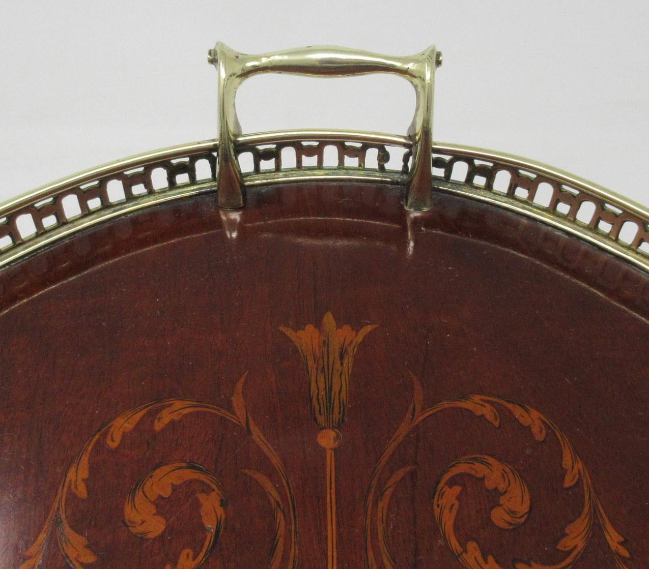 Antique Mahogany Inlaid Marquetry Twin Handle Brass Oval Serving Drinks Tray For Sale 3