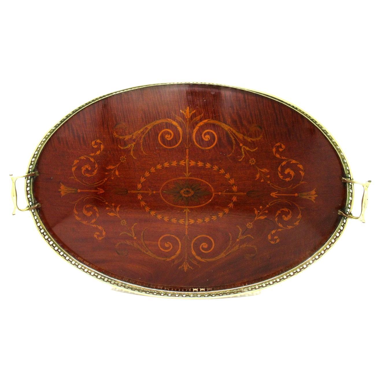 Antique Mahogany Inlaid Marquetry Twin Handle Brass Oval Serving Drinks Tray