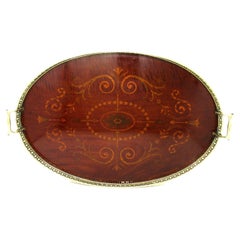 Antique Mahogany Inlaid Marquetry Twin Handle Brass Oval Serving Drinks Tray