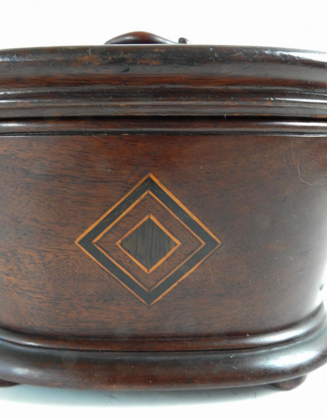 Victorian Antique Mahogany Inlay Carved Oval Box For Sale