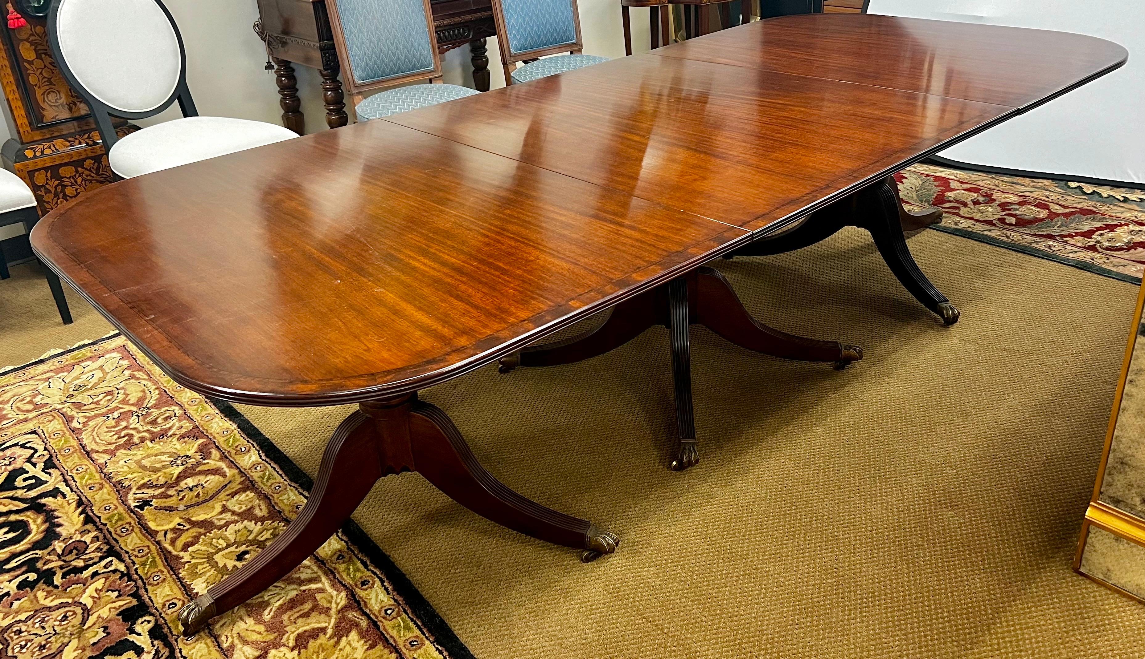 American Antique Mahogany Inlay Triple Pedestal Dining Room Table