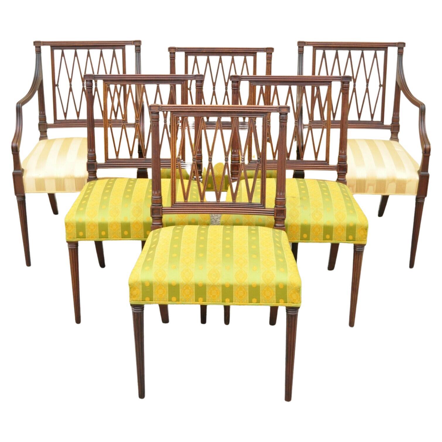 Antique Mahogany Lattice Back Hepplewhite Style Dining Chairs, Set of 6