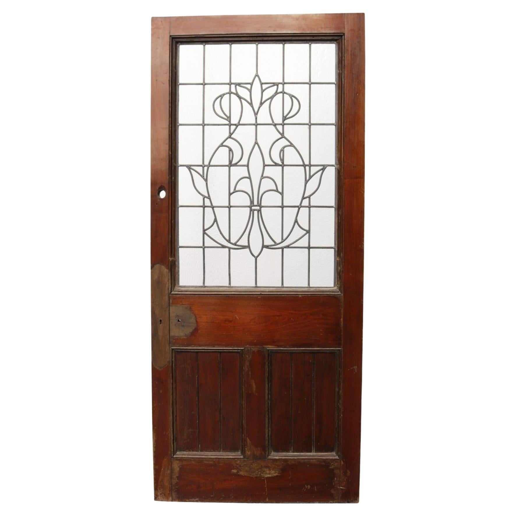 Antique Mahogany Leaded Glass Door For Sale
