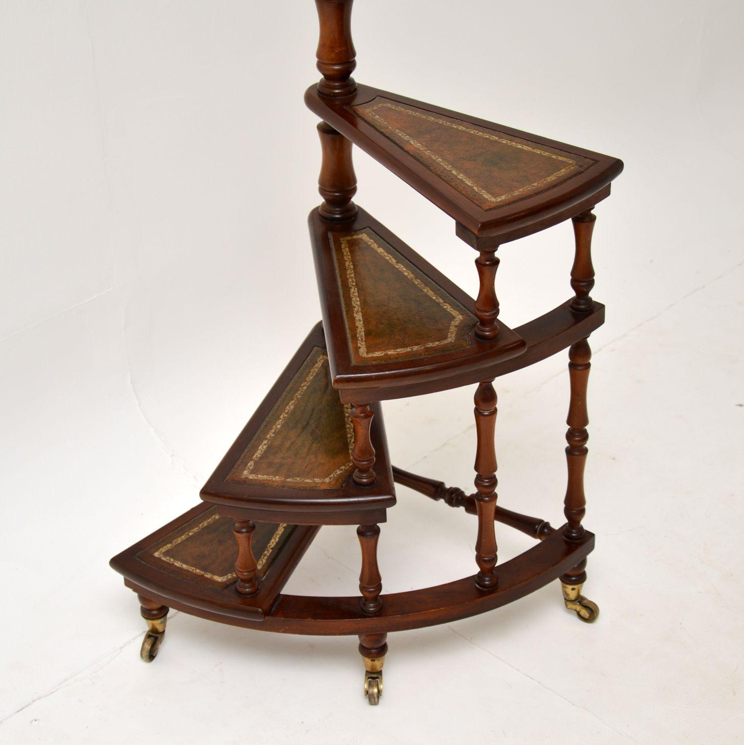 English Antique Mahogany & Leather Spiral Library Steps