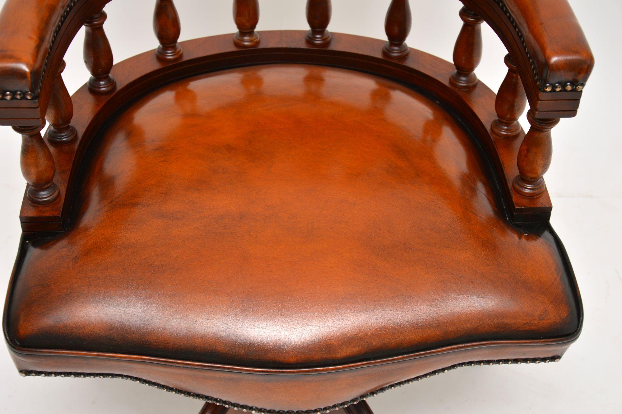 Victorian Antique Mahogany & Leather Swivel Captains Desk Chair