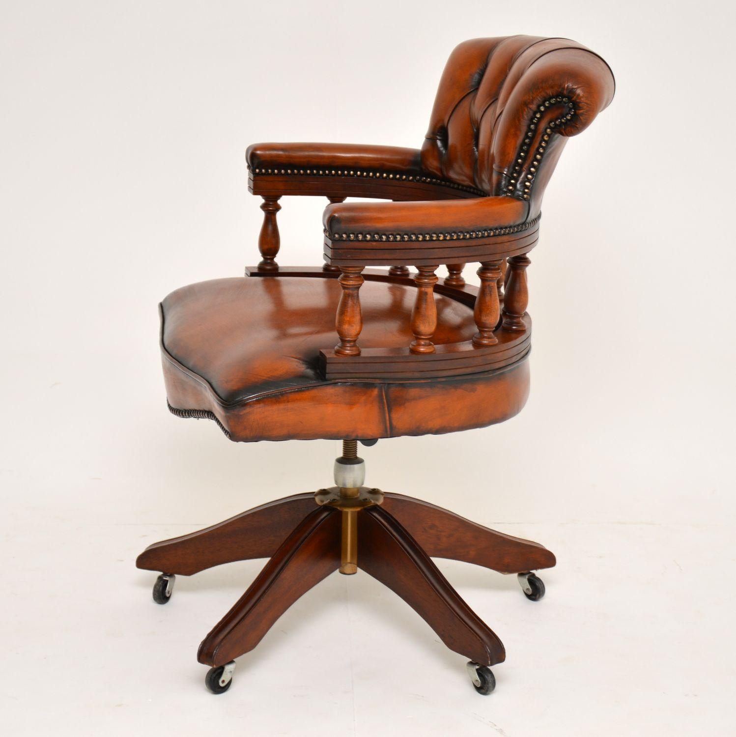 English Antique Mahogany & Leather Swivel Captains Desk Chair