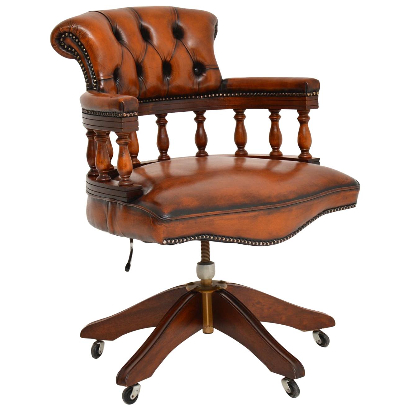 Antique Mahogany & Leather Swivel Captains Desk Chair