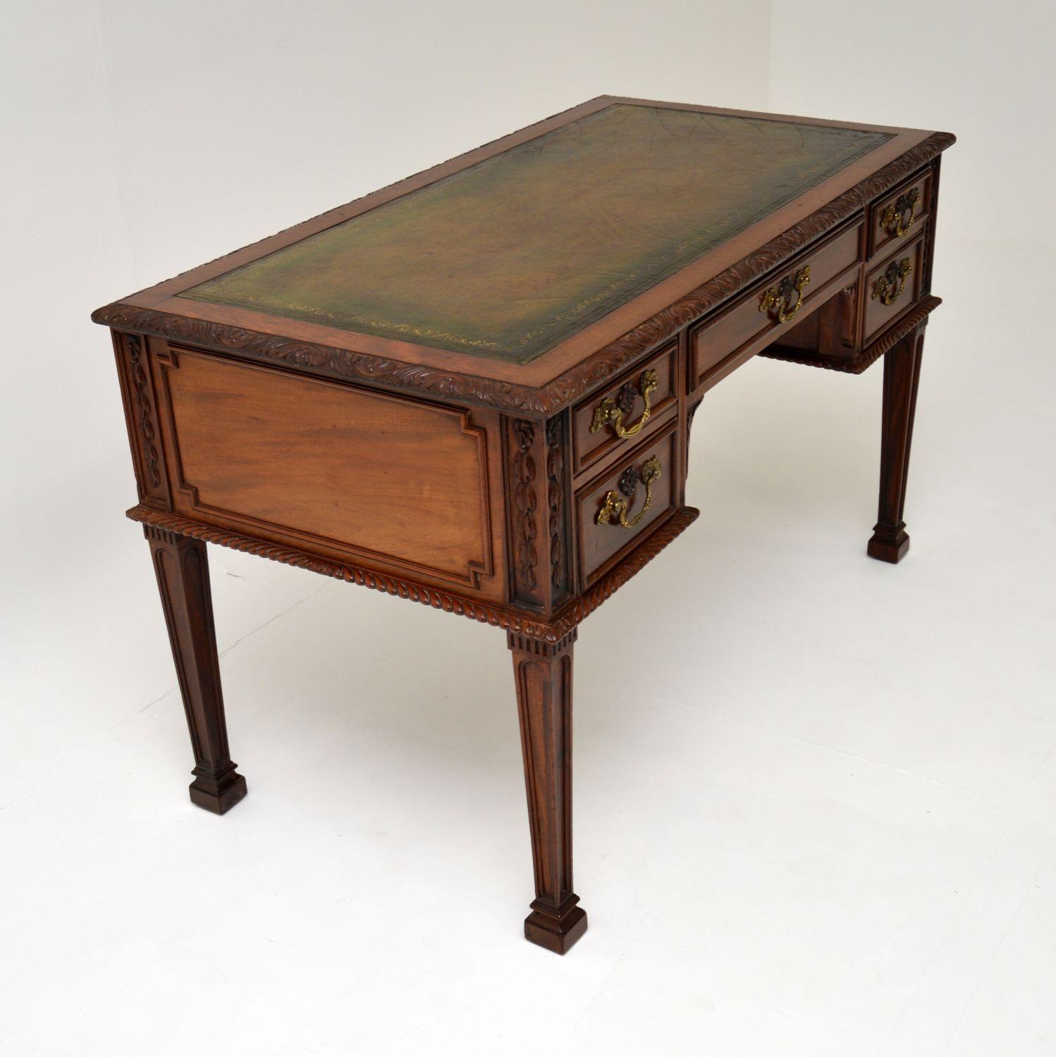 Victorian Antique Mahogany Leather Top Chippendale Style Desk