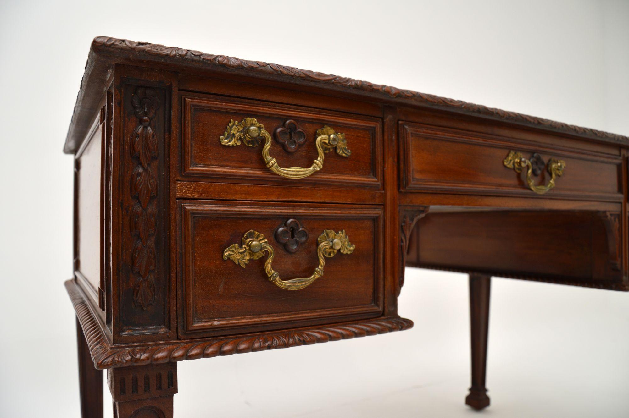 English Antique Mahogany Leather Top Chippendale Style Desk