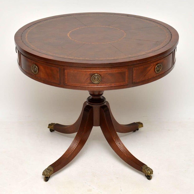 Antique Mahogany Leather Top Drum Table, Antique Leather Top Round Table