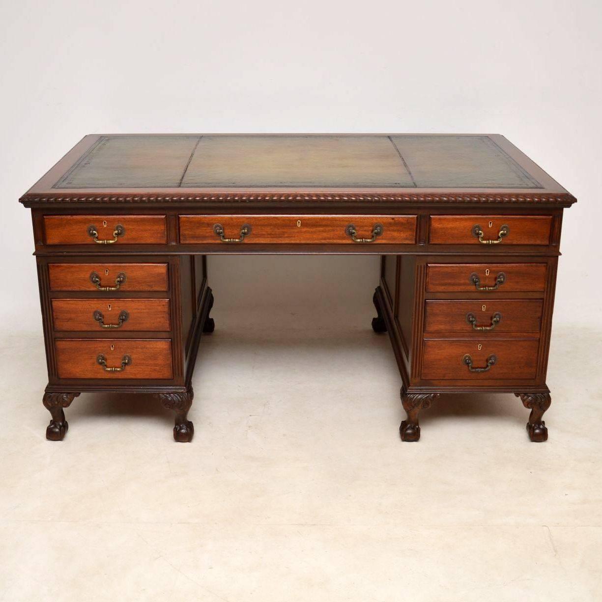 Victorian Antique Mahogany Leather Top Pedestal Desk