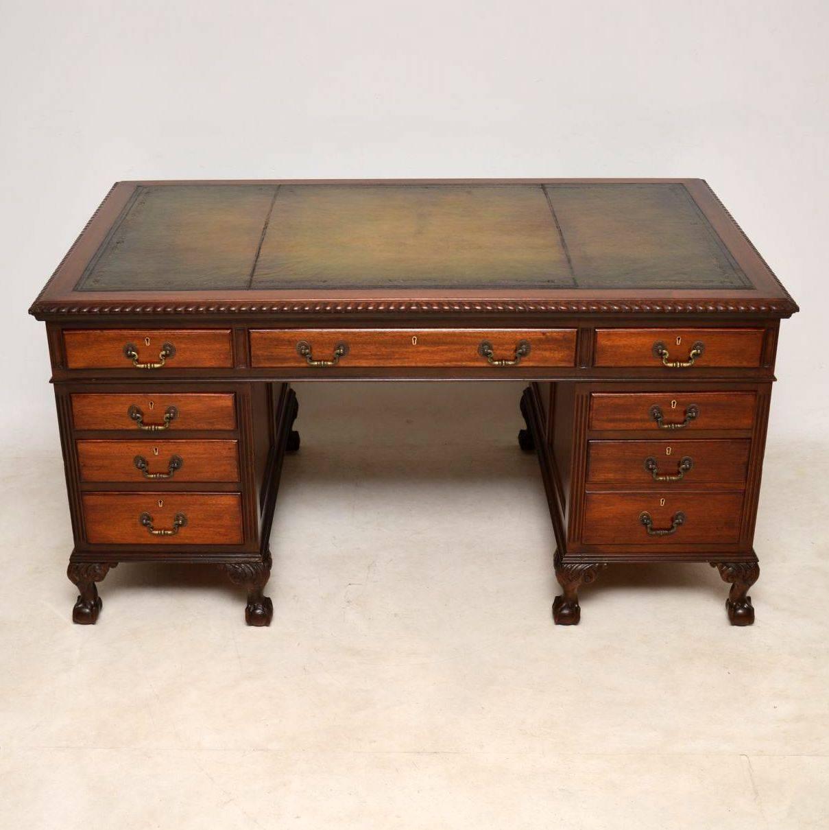 English Antique Mahogany Leather Top Pedestal Desk