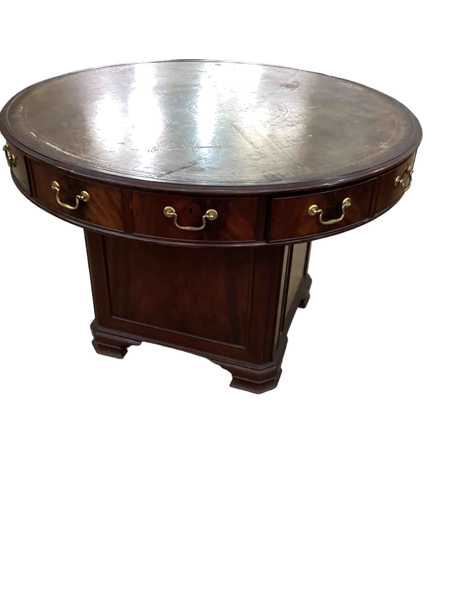 20th Century Antique Mahogany Leather Top Rent Drum Table  For Sale