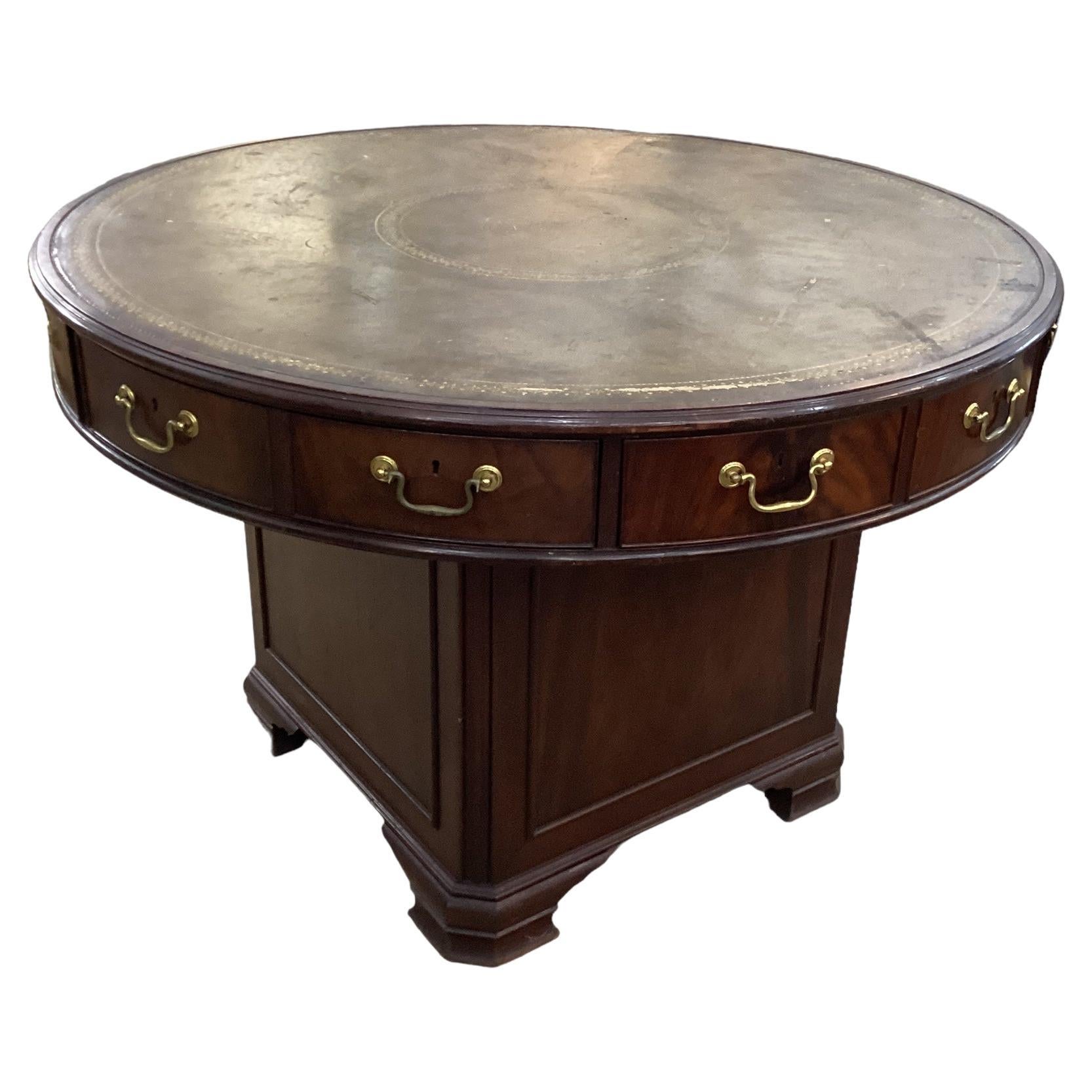 Antique Mahogany Leather Top Rent Drum Table  For Sale
