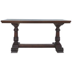 Antique Mahogany Library/Console Table with Columns and Stretcher