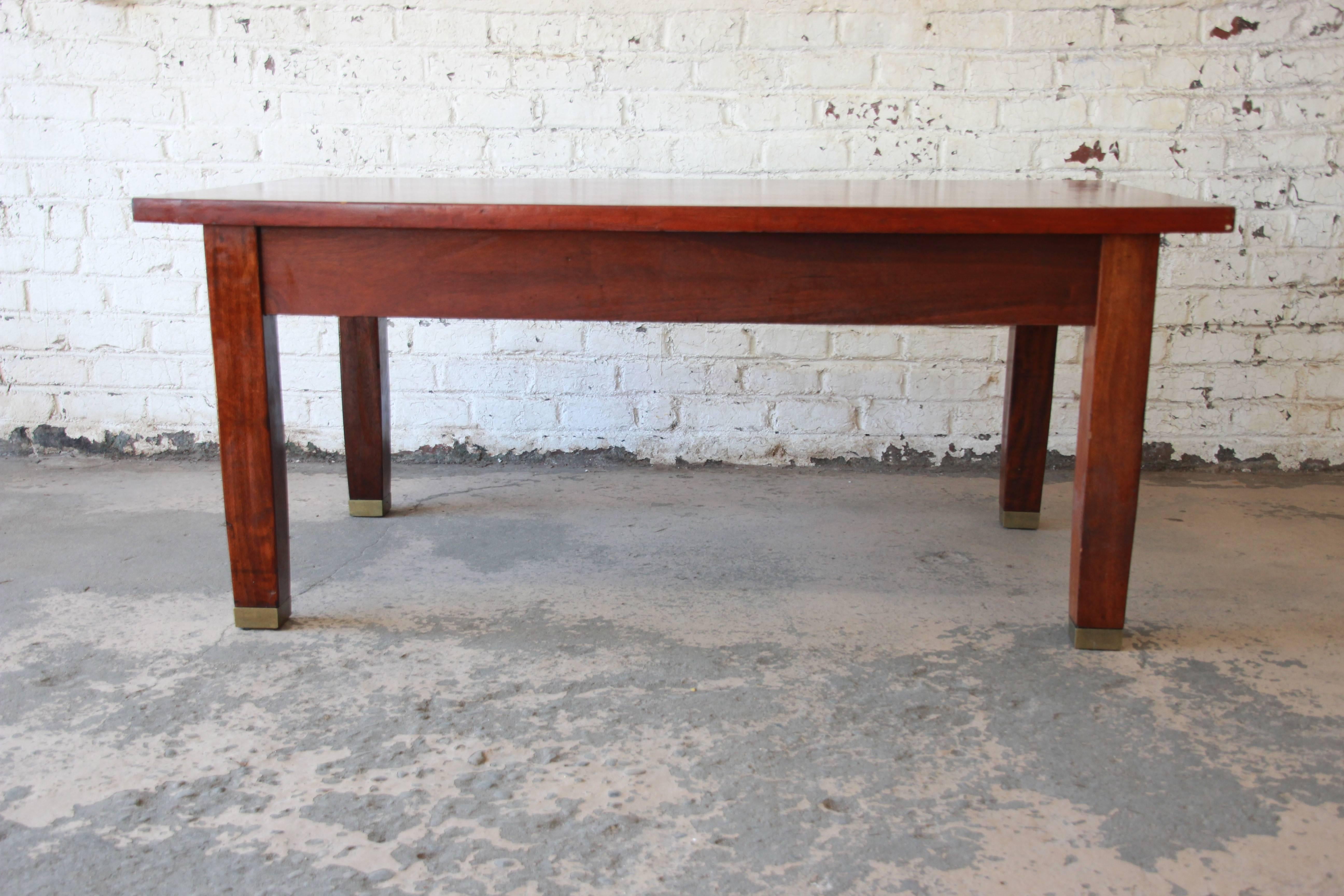 Brass Antique Mahogany Library Table, circa 1900