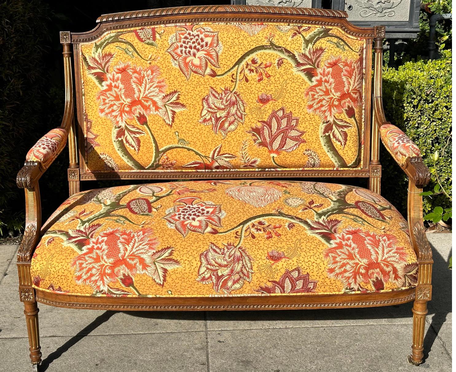 Antique Mahogany Louis XVI sofa settee W Schumacher Jacobean Fabric.