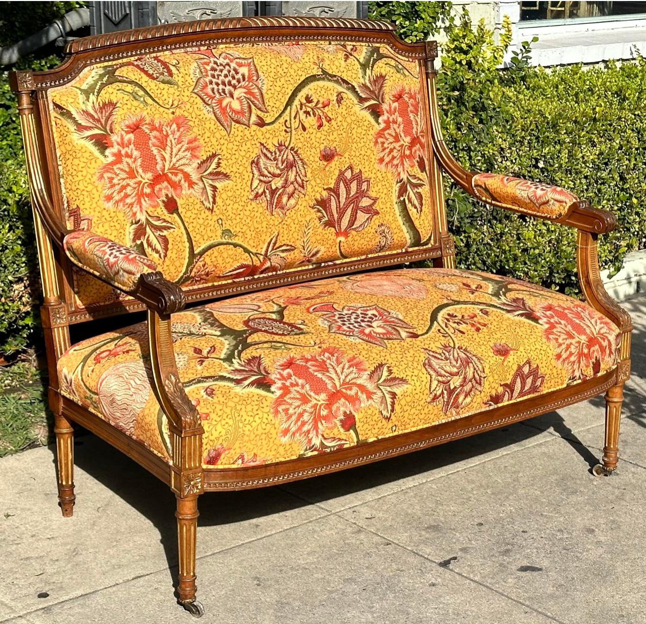 19th Century Antique Mahogany Louis XVI Sofa Settee W Schumacher Jacobean Fabric