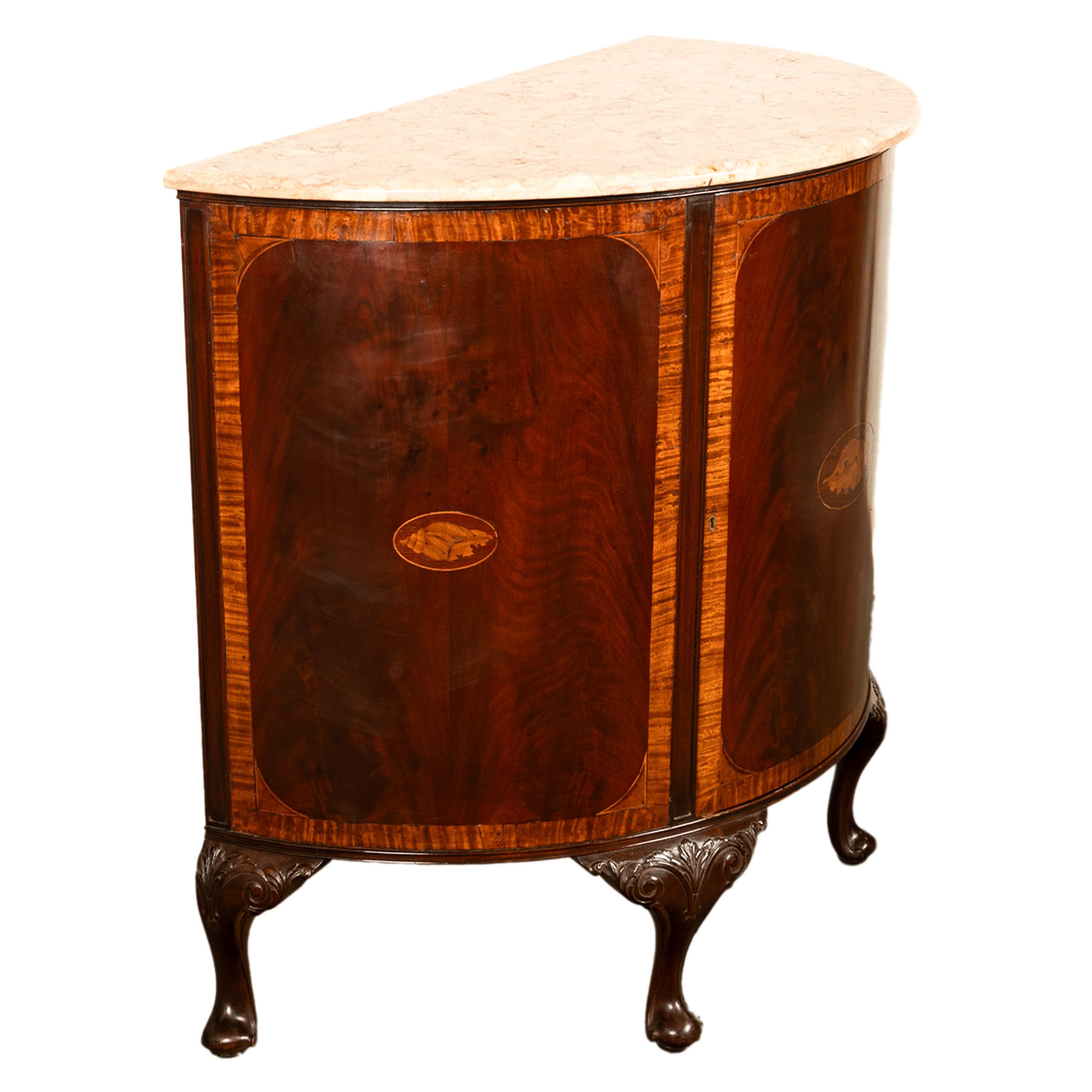 Georgian Antique Mahogany Marble Top Demi-Lune Marquetry Inlaid Drinks Cabinet or Server For Sale
