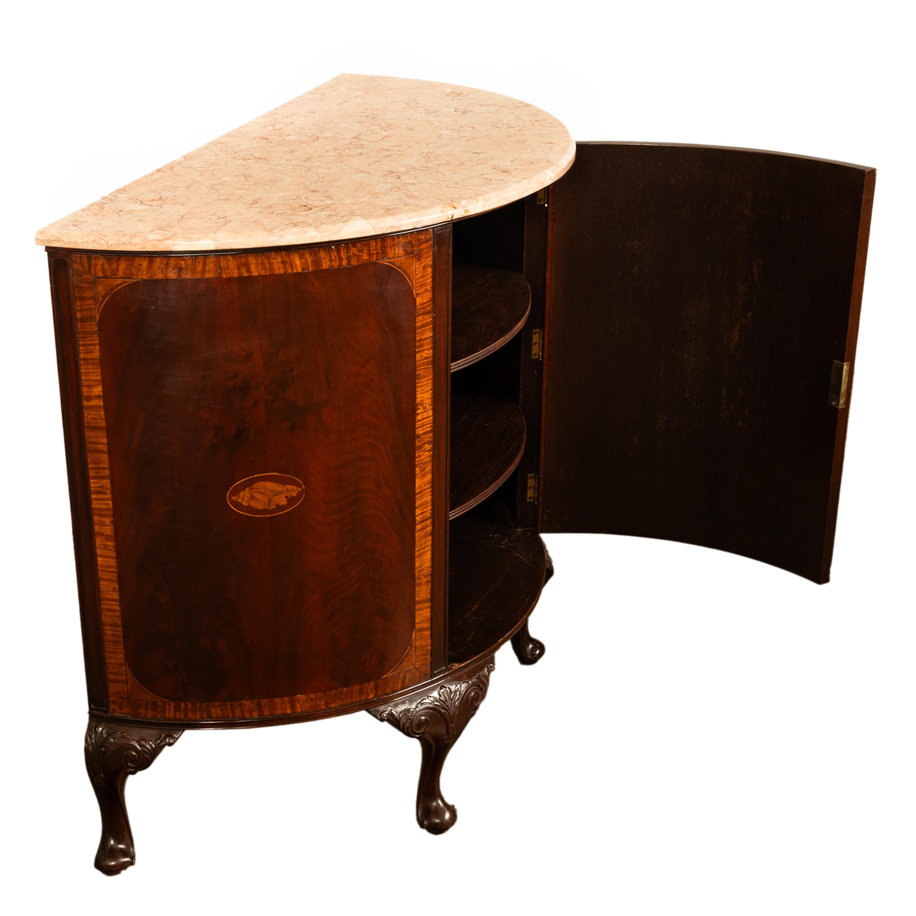 English Antique Mahogany Marble Top Demi-Lune Marquetry Inlaid Drinks Cabinet or Server For Sale