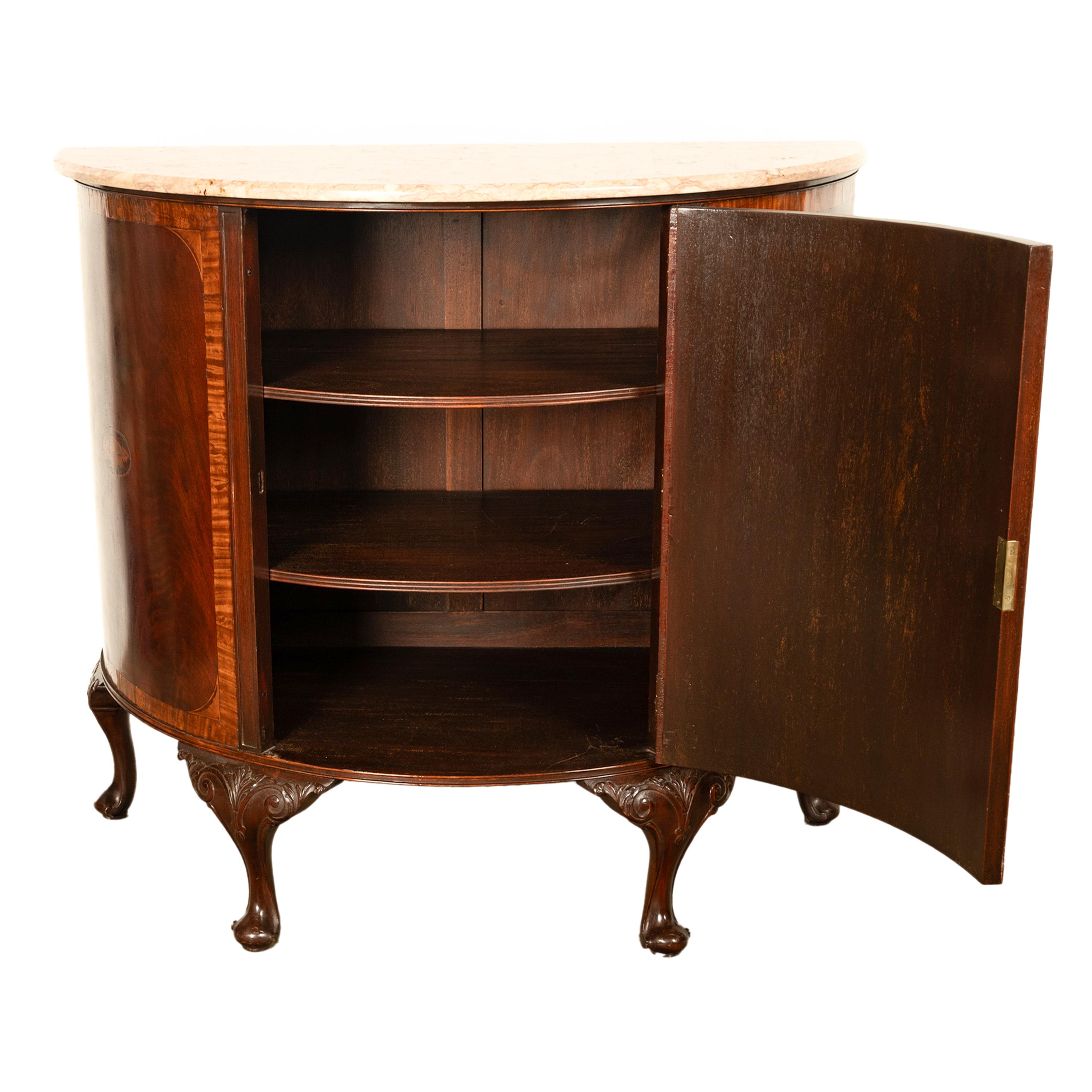 Inlay Antique Mahogany Marble Top Demi-Lune Marquetry Inlaid Drinks Cabinet or Server For Sale
