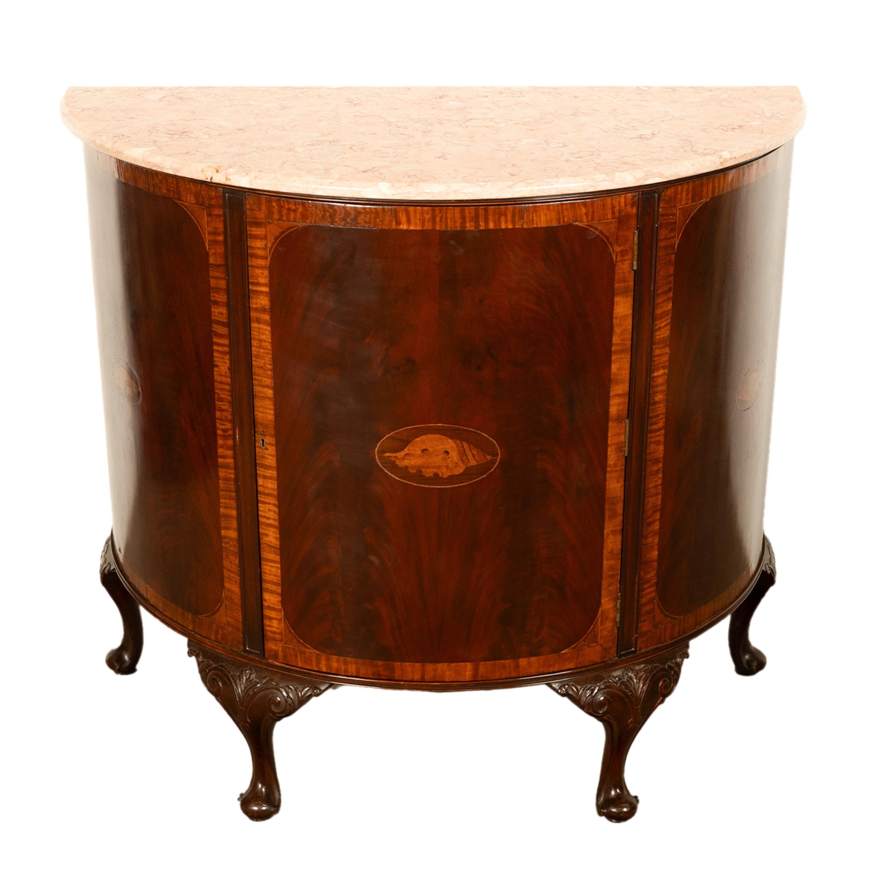 Antique Mahogany Marble Top Demi-Lune Marquetry Inlaid Drinks Cabinet or Server In Good Condition For Sale In Portland, OR