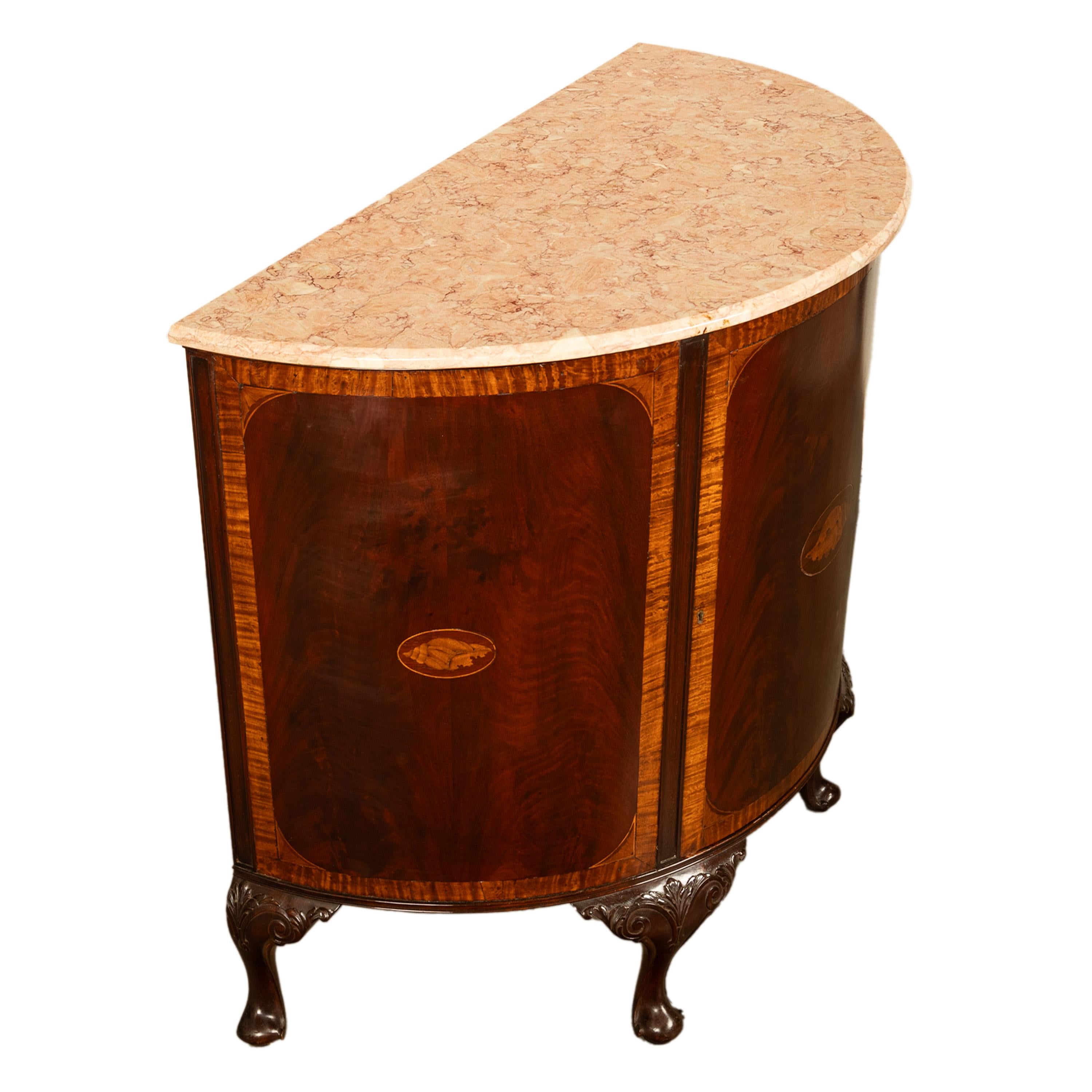 Early 20th Century Antique Mahogany Marble Top Demi-Lune Marquetry Inlaid Drinks Cabinet or Server For Sale
