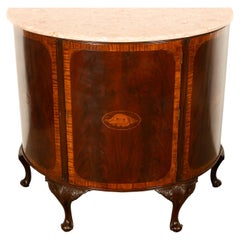 Meuble ou serveur de boissons ancien en acajou avec dessus en marbre et marqueterie Demi-Lune