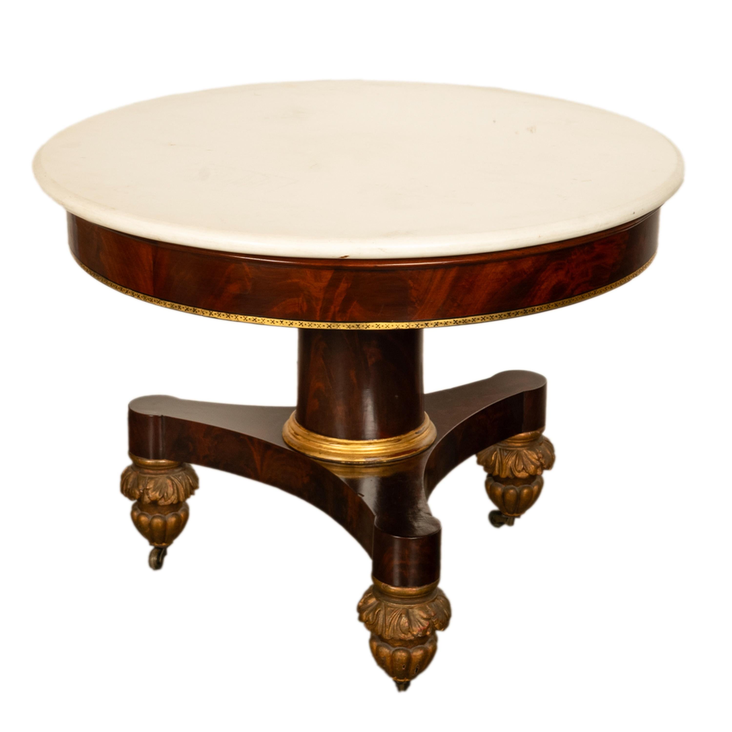 American Classical Antique Mahogany Marble Top Parcel Gilt Round Center Table NY Duncan Phyfe 1825
