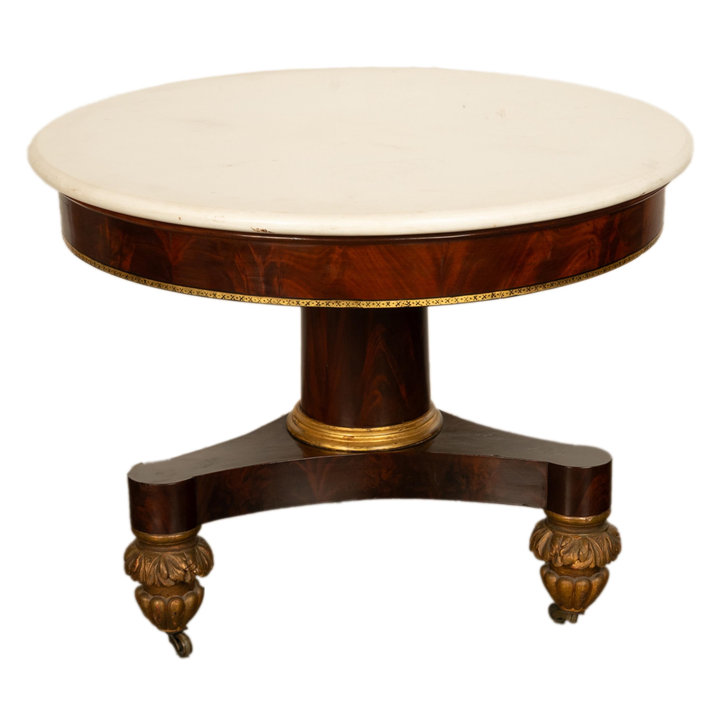 American Antique Mahogany Marble Top Parcel Gilt Round Center Table NY Duncan Phyfe 1825