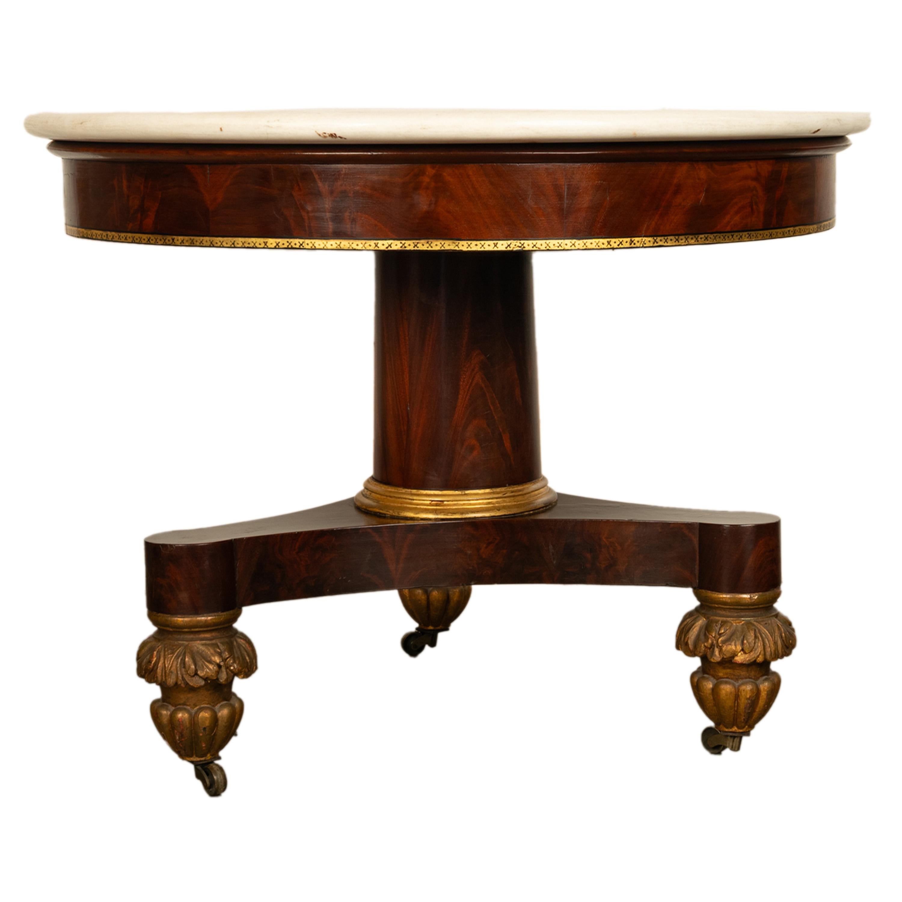 Antique Mahogany Marble Top Parcel Gilt Round Center Table NY Duncan Phyfe 1825 In Good Condition In Portland, OR