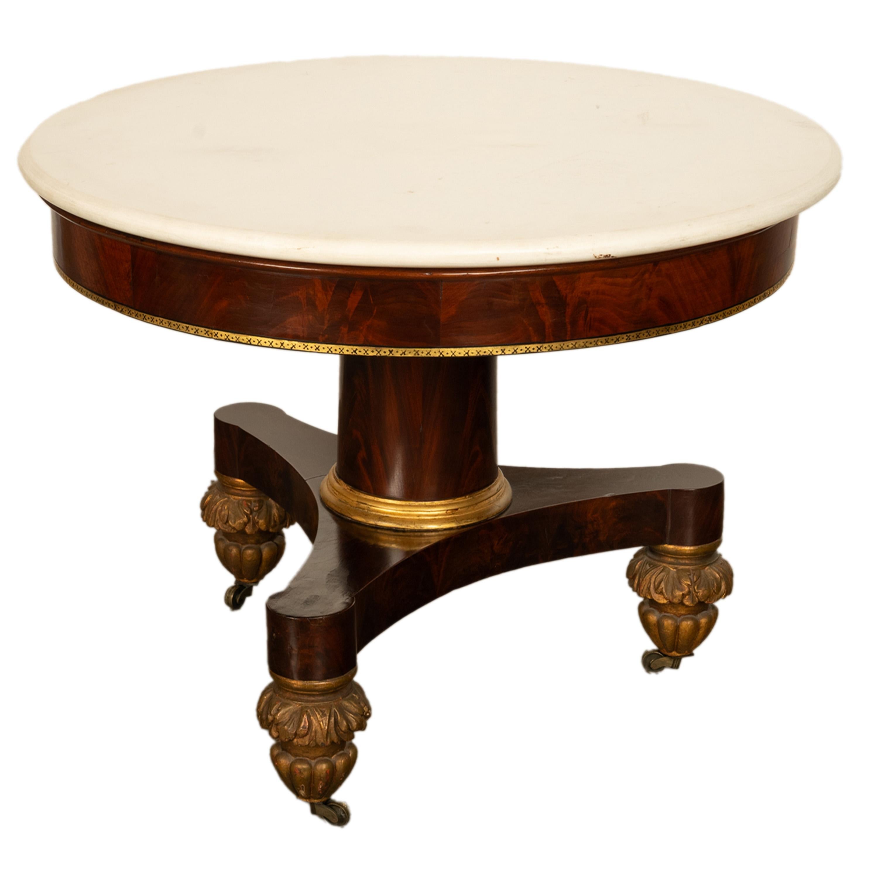 Early 19th Century Antique Mahogany Marble Top Parcel Gilt Round Center Table NY Duncan Phyfe 1825