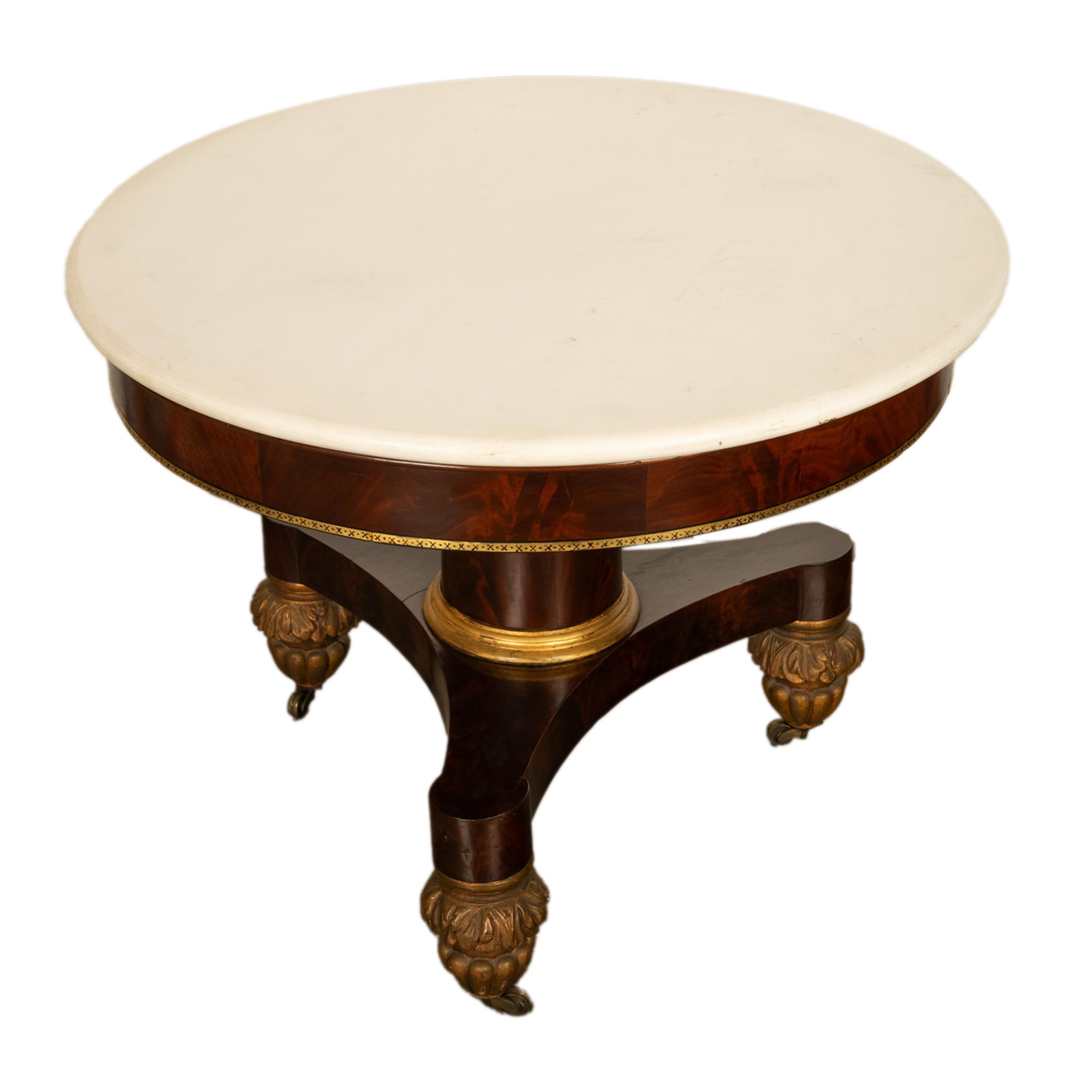 Antique Mahogany Marble Top Parcel Gilt Round Center Table NY Duncan Phyfe 1825 1