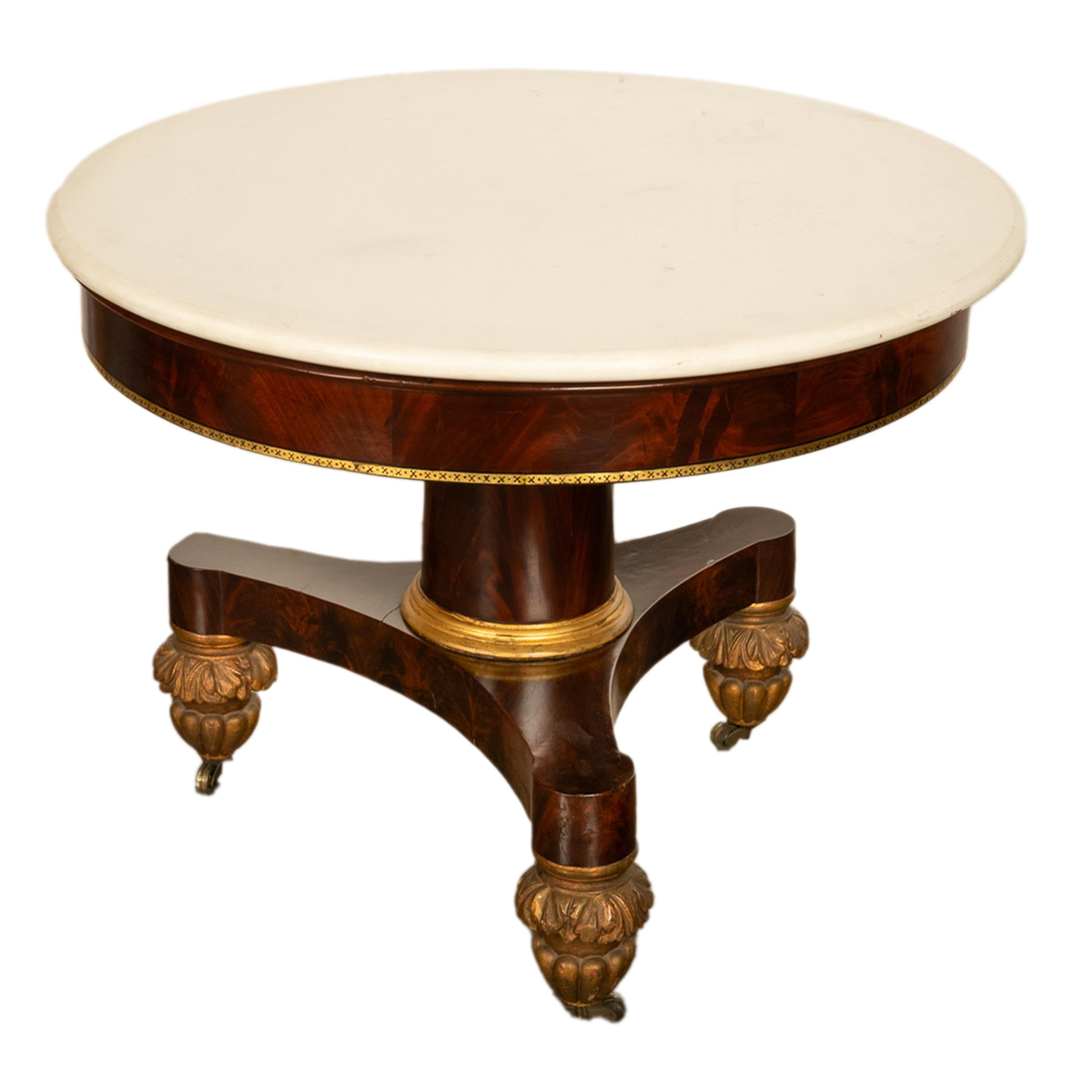 Antique Mahogany Marble Top Parcel Gilt Round Center Table NY Duncan Phyfe 1825 2