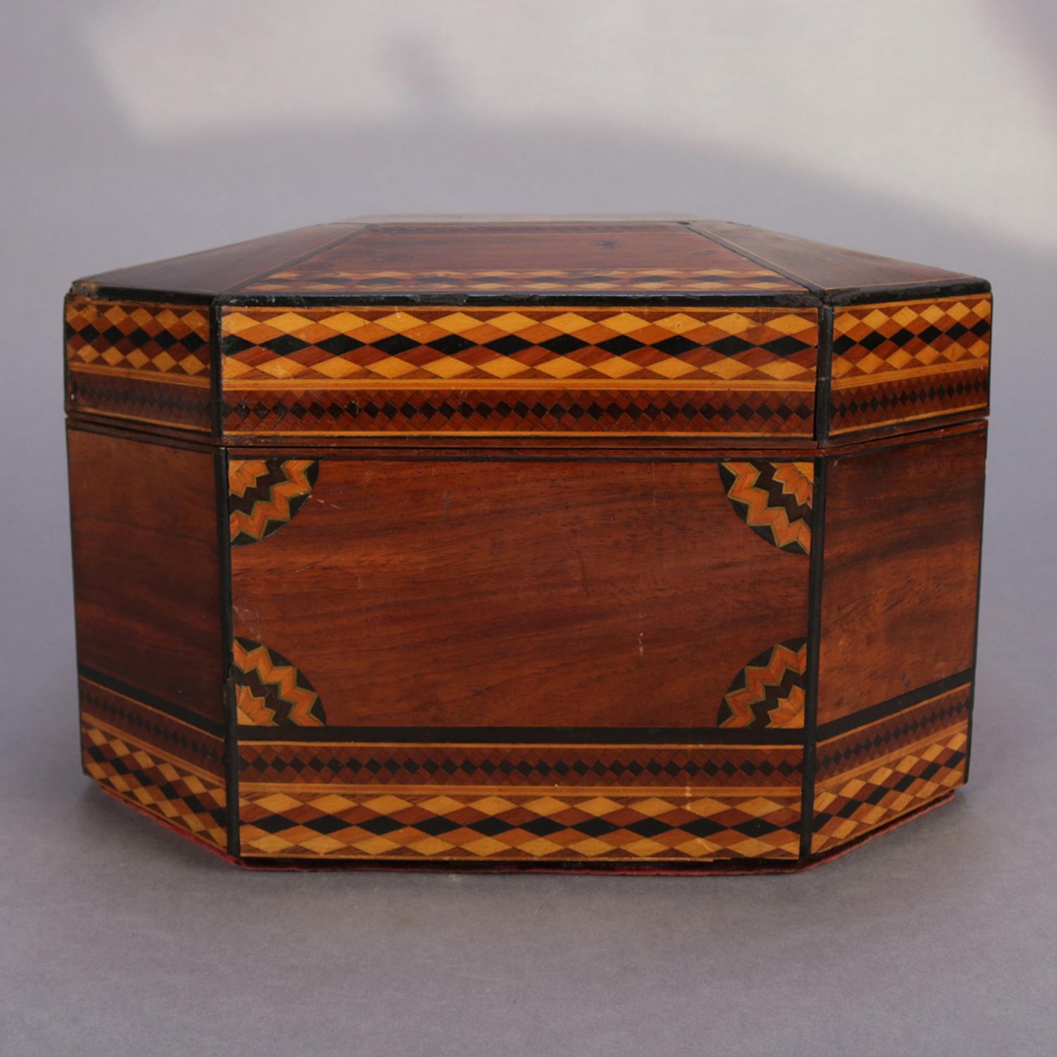 Antique Mahogany Marquetry Jewelry Box, Ebonized and Satinwood Inlay 6