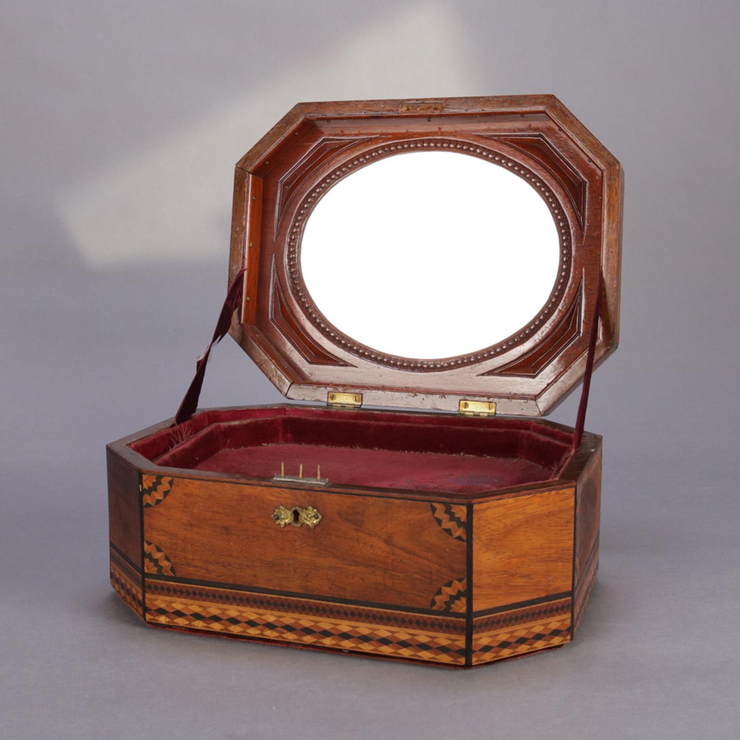 Antique Mahogany Marquetry Jewelry Box, Ebonized and Satinwood Inlay In Good Condition In Big Flats, NY