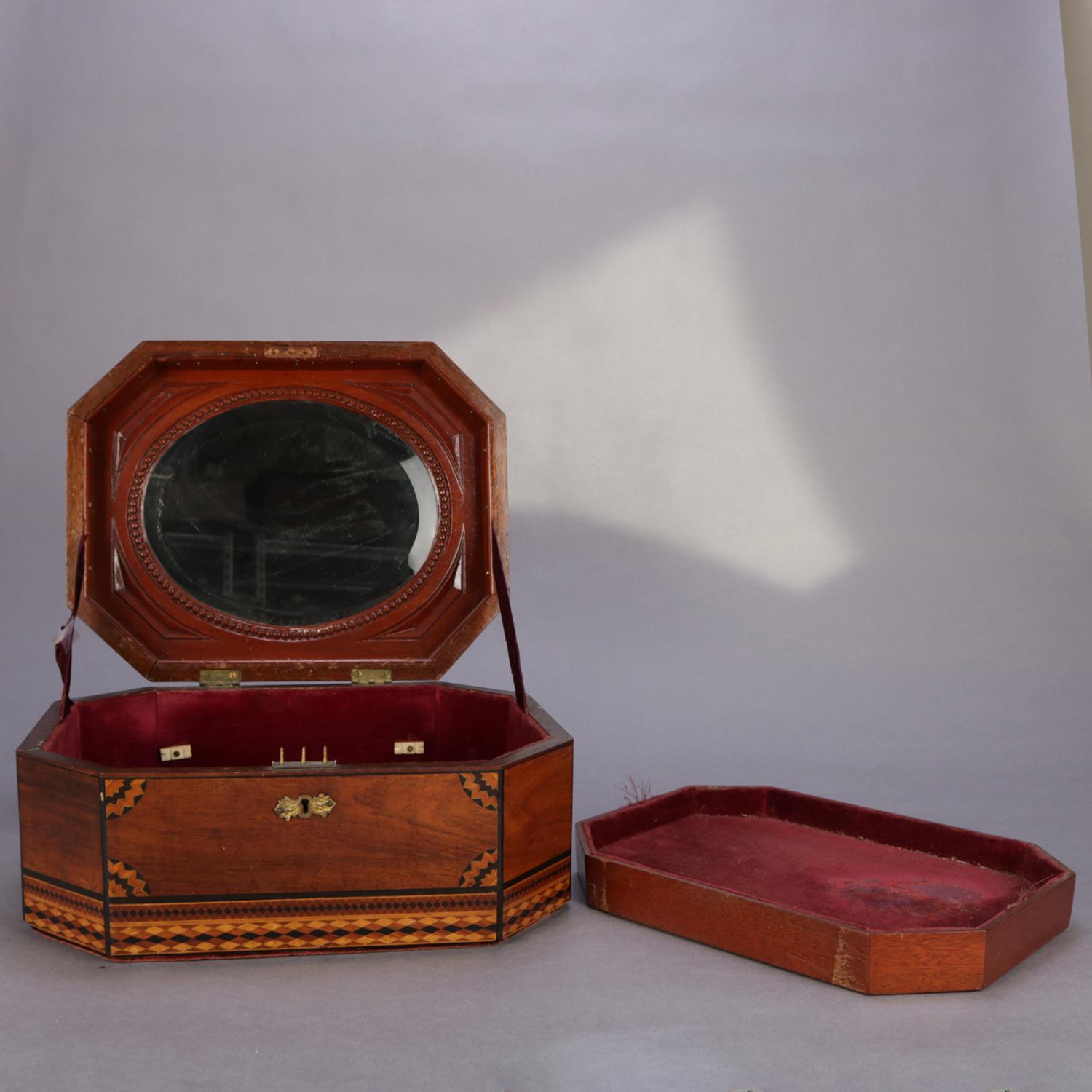 19th Century Antique Mahogany Marquetry Jewelry Box, Ebonized and Satinwood Inlay