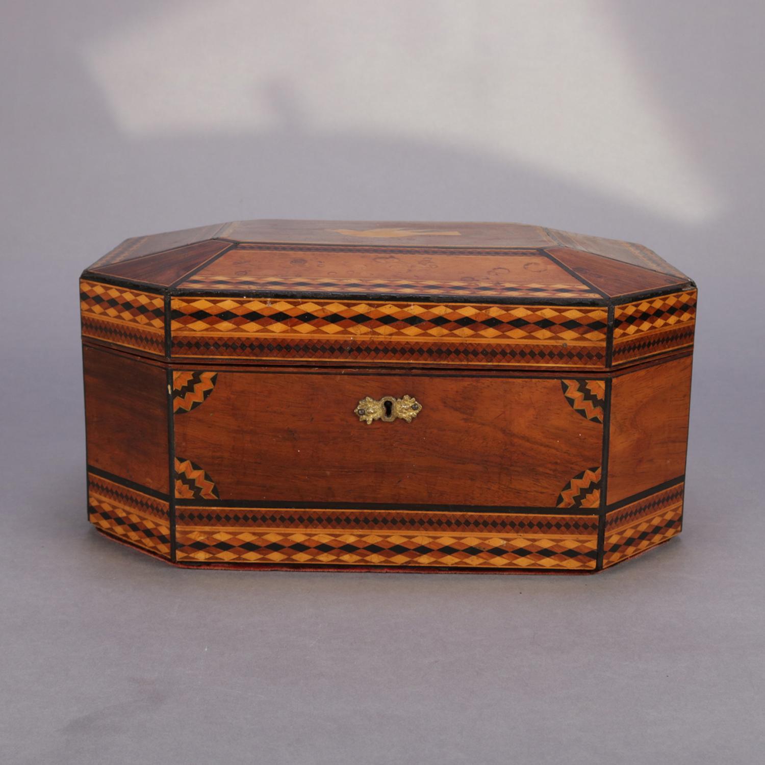 Antique Mahogany Marquetry Jewelry Box, Ebonized and Satinwood Inlay 1
