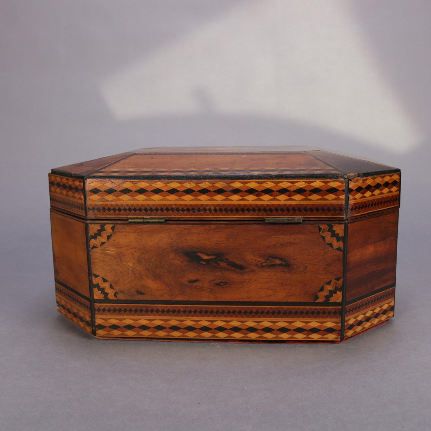 Antique Mahogany Marquetry Jewelry Box, Ebonized and Satinwood Inlay 5