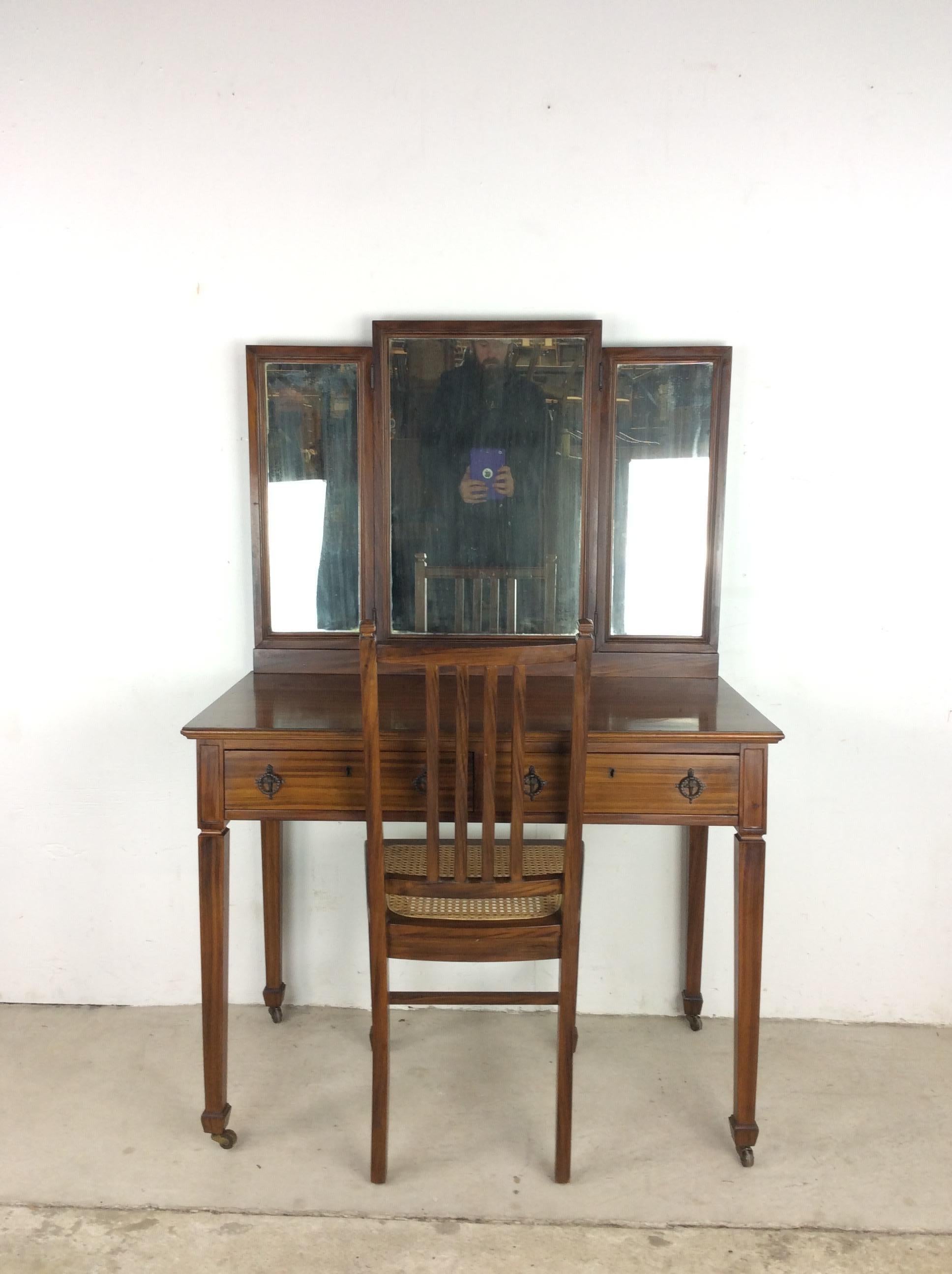 Antique Mahogany Mirrored Vanity with Caned Seat For Sale 6