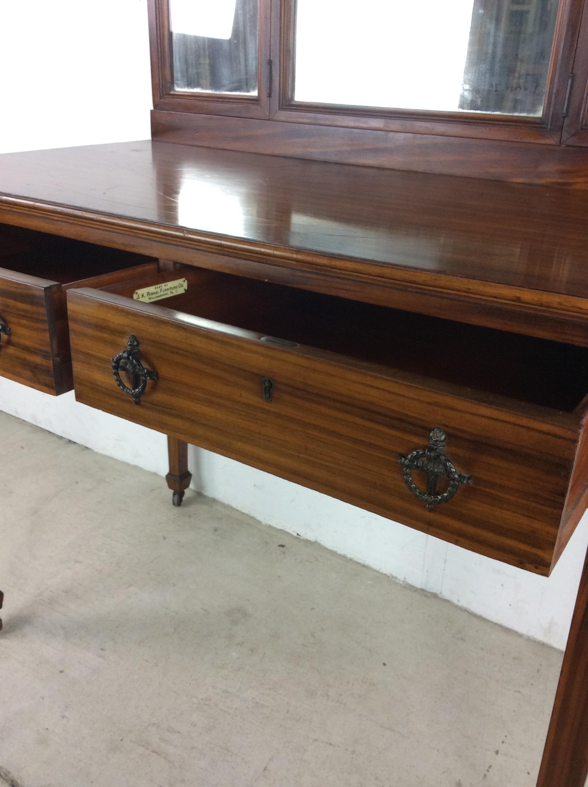 American Craftsman Antique Mahogany Mirrored Vanity with Caned Seat For Sale
