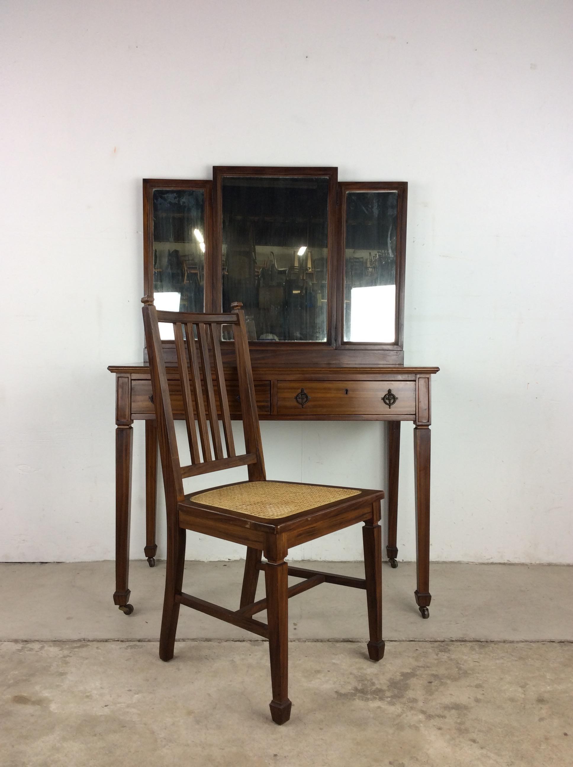 American Antique Mahogany Mirrored Vanity with Caned Seat For Sale